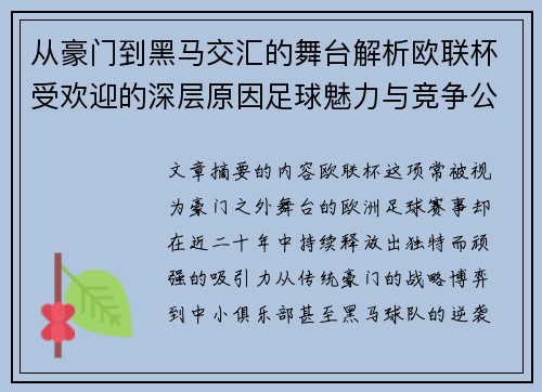 从豪门到黑马交汇的舞台解析欧联杯受欢迎的深层原因足球魅力与竞争公平性